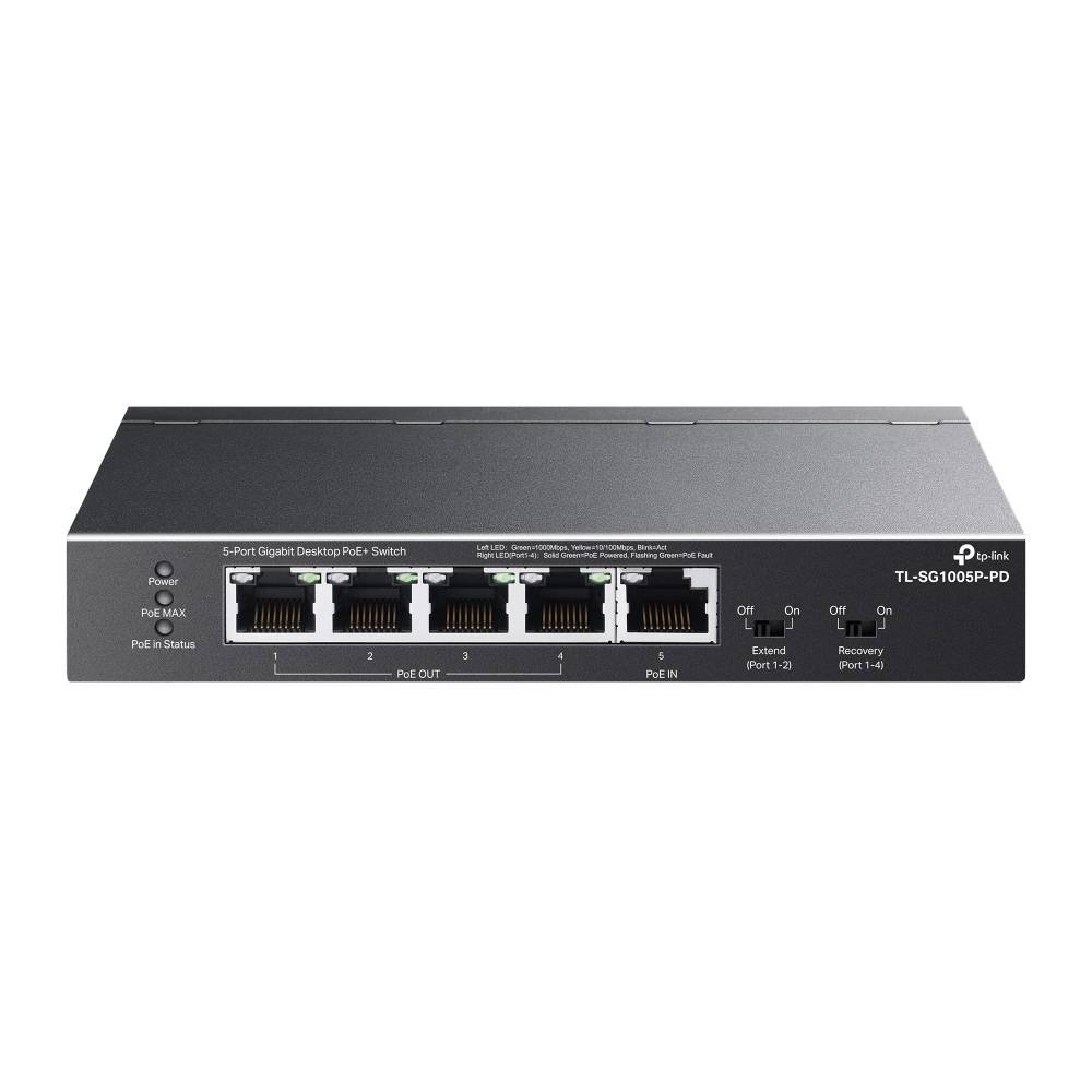 Switch Omada Smart de 5 puertos Gigabit - 1 entrada PoE++ y 4 salidas PoE+ para exterior Switch Omada Smart de 5 puertos Gigabit - 1 entrada PoE++ y 4 salidas PoE+ para exterior